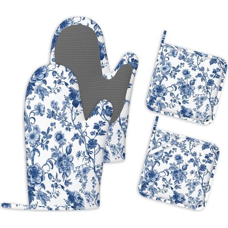 Lot de 4 Gants de Cuisine et Maniques Vintage à Fleurs Gants et Maniques de Cuisine en Silicone Antidérapants Gants de Barbecue Résistants à la Chaleur Maniques pour la Cuisine Les Grillades (1/5)
