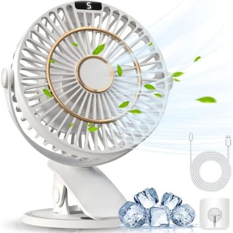 Mini Ventilator, Clip Ventilator USB Ventilator Tischventilator Leise mit Akku, 5 Geschwindigkeiten 720° Drehung, 16cm Tragbarer Tischventilatoren für Zuhause, Büro, Outdoor, Reisen (Weiß) (1/5)