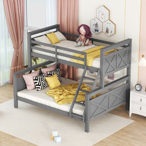 Etagenbett Holz Grau 90x200/140x200 cm, teilbar in 2 Einzelbetten, inklusive Leiter und Lattenroste
