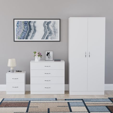 Riano 3 Piece Bedroom Set (2 Drawer Bedside Chest, 4 Drawer Chest, 2 Door Wardrobe), White (1/5)