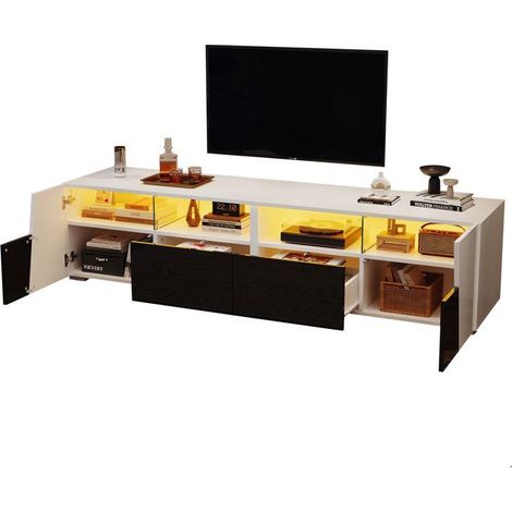 Meuble tv 180x40,10x50, 2 tiroirs 2 portes niches meuble tv contemporain, finition laquée bicolore, éclairage led intégré (1/5)