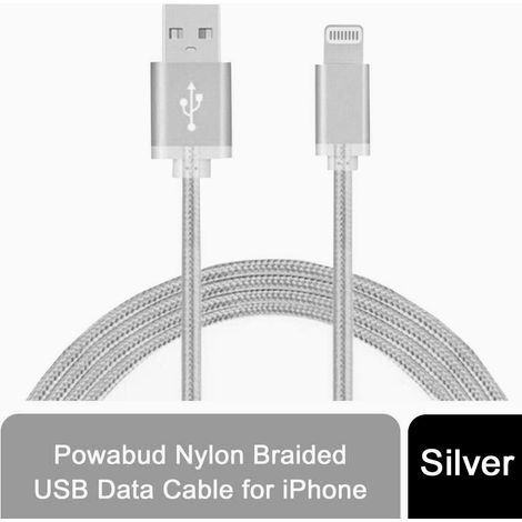 FX Powabud Braided USB Data Cable for Phone 6 and Pad Sync & Charge - Silver (1/4)