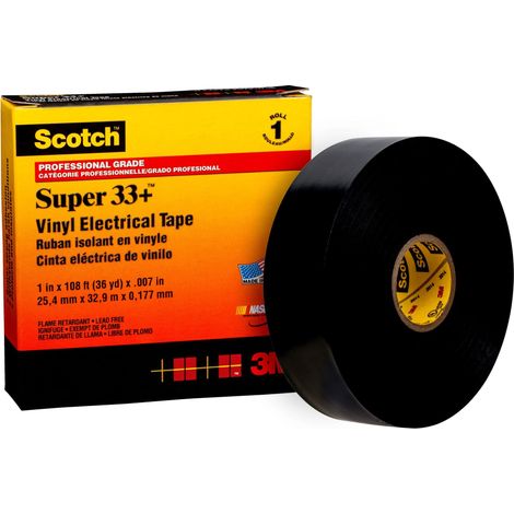 Ruban d'isolation électrique 3M Scotch Vinyl Electrical Tape Super en PVC Noir, 33m x 25.4mm x 0.178mm ( Prix pour 1 )