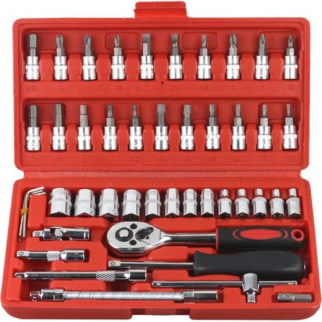Kit di attrezzi manuali da meccanico da 46 pezzi, set di chiavi a bussola con custodia, set di chiavi a cricchetto multifunzionali per chiave a cricchetto da 24 denti per riparazioni automobilistiche (1/5)