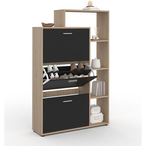 Idmarket – Meuble à chaussures 18 paires – Imitation hêtre – 3 portes noires – Étagère 5 niveaux – Dimensions 86,5x24x133 cm (1/5)