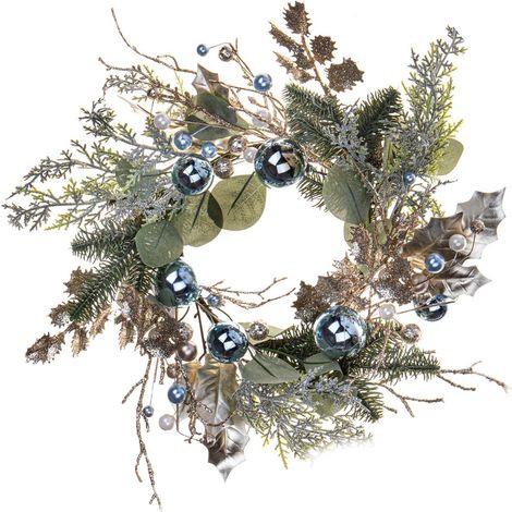 Ghirlanda retro porta natalizia decorato con bacche e sfere azzurre Ø 48 cm