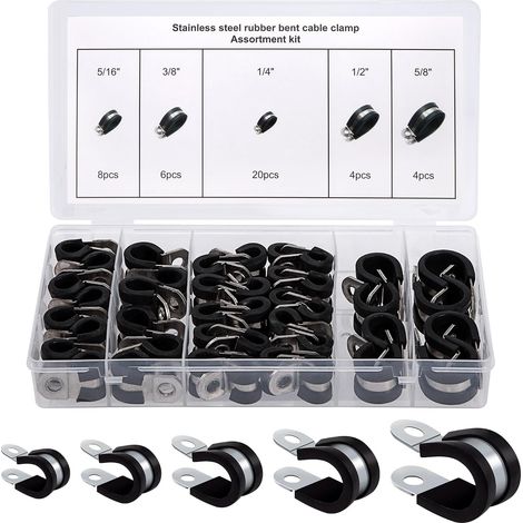 Colliers de Serrage en Caoutchouc Colliers de Fixation de Tubes P-Clips en Acier Inoxydable 6/8/10/13/16mm pour Tuyaux Câble 42 Pièces (1/5)