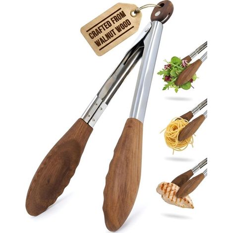 Pince Cuisine Bois de Noyer Kitchen 30 cm Pince en Bois Antiadhésive pour Cuisiner Griller et Servir Embouts Noyer Naturel Renforcée Acier Inox 315 C (1/4)
