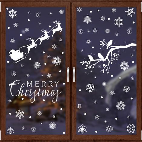 Autocollants pour fenêtre flocons de neige blancs et branches d'arbre, autocollants scène de forêt enneigée avec colibris, décorations de Noël hivernales, décorations de fenêtre statiques, anti-collis