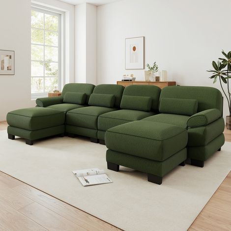 Modulares u-form sofa 4-sitzer mit 2 hockern - 336x161x94 cm - grosse wohnlandschaft fuer wohnzimmer - moderner cordstoff - gruen (1/5)