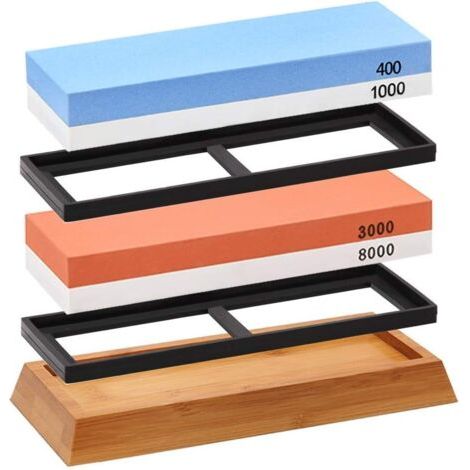 Ensemble de Pierres à Aiguiser pour Couteaux, Kit d'Affûtage Premium avec Base en Bambou Antidérapante (1/4)