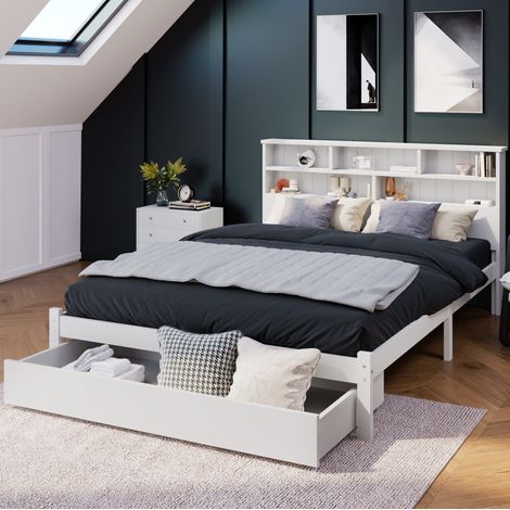 lit adulte double rangement 140x200 tête étagère blanc OKMYHOME (1/5)
