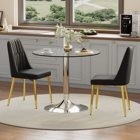Esstisch- und Stuhl-Set Glas/PU-Leder transparent, schwarz-gold, silber 85x85x76 cm, rund, 3-teilig MIVRAY