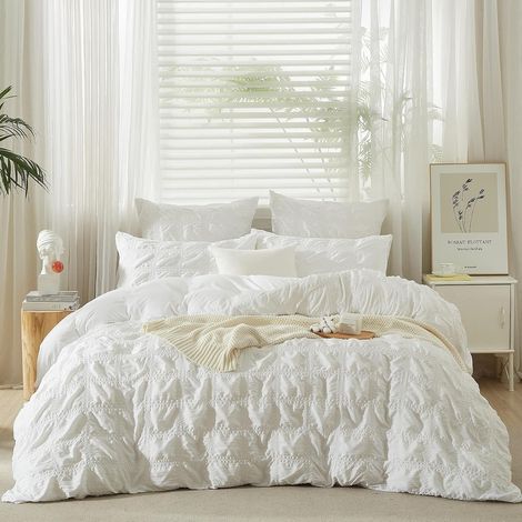 Parure de lit en seersucker 135x200 blanc à carreaux - Ensemble de housse de couette - Linge de lit en microfibre doux et respirant - Parure de lit moderne et romantique pour l'été - 2 pièces (1/5)
