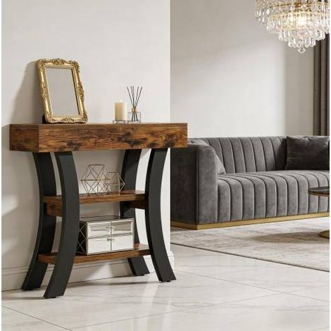 Mesa consola 105x30x80 cm, 3 estantes abiertos, patas ajustables, MDF y metal, negro y marrón rústico (1/5)