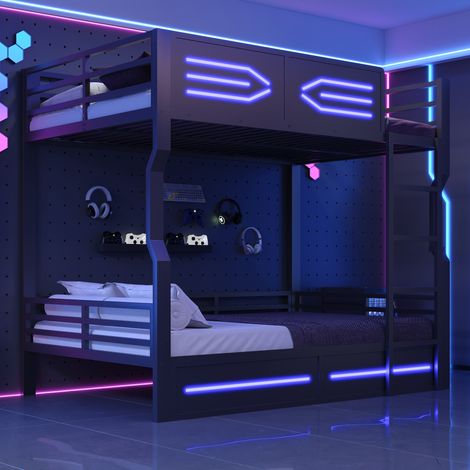 Lit superposé 140x200 cm avec LED intégrée, Échelle droite et garde-corps hauts, Structure en métal et MDF noirs (1/5)