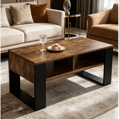 Mesa de centro 90x45x45 cm negro y marrón rústico en madera con 2 compartimentos abiertos (1/5)