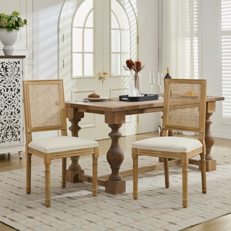 Sedie da pranzo set di 2 - 53x50x98.5cm - sedia vintage in legno massello con schienale in rattan intrecciato e seduta in lino stile country - beige (1/5)