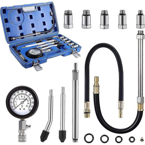 Kit de test de compression de cylindres de moteur 11 pièces, outil de diagnostic de pression de carburant essence, kit de test de compression pour moteurs à essence automobiles. (1/5)