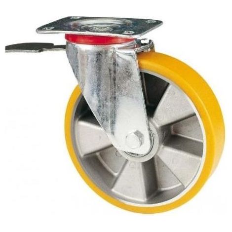 Avo Valsecchi 6162 37BIS Ruota Industriale con Piastra Girevole e Freno Diametro 80 mm Poliuretano Avolan Supporto Acciaio Zincato colore Giallo e Silver