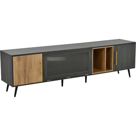 Meuble TV avec 2 Portes, 1 Porte Abattante en Verre et Niche, Passe-câbles, en MDF, 200×40×55,5 cm, Gris (1/5)