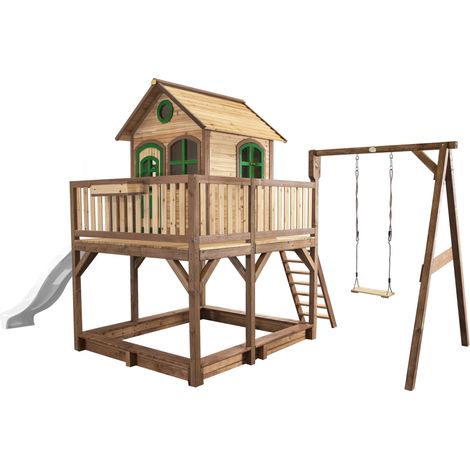 Axi Liam Maison Enfant Avec Bac À Sable, Balançoire & Toboggan Blanc  Aire De Jeux Pour L'Extérieur En Marron & Vert  Maisonnette / Cabane De Jeu En Bois Fsc