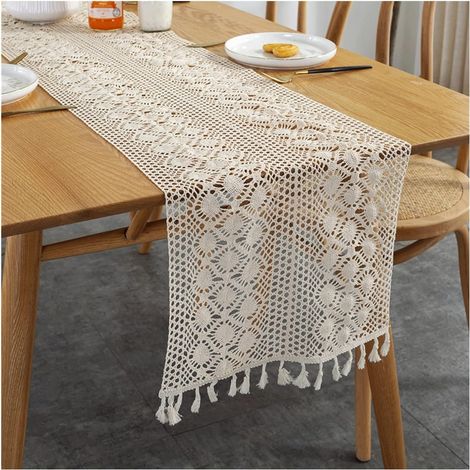 Tischläufer mit Quasten Baumwoll-Jute-Tischläufer Cremefarbener Makramee-Tischläufer Weich und hautfreundlich für weihnachtliche Heimdekoration (Color : A, Size : 30 300CM) (1/5)