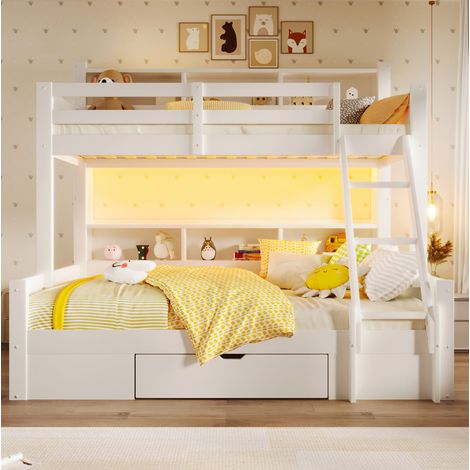 Litera 90x200 cm y 140x200 cm blanca de pino con LED, escalera reversible y almacenaje (1/5)