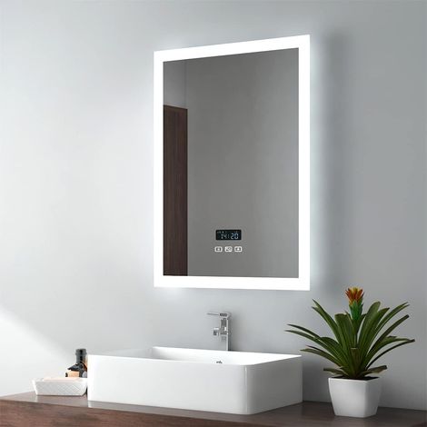 EMKE Backlit Illuminated Bluetooth Bathroom Mirror with Shaver Socket, 500x700mm Bathroom Mirror with Demister, Clock, 3 Color