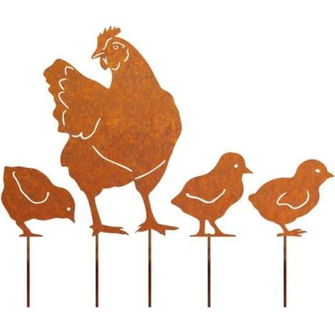 Set aus 4 dekorativen Metallpfählen für den Garten, Hühnermotiv, Außendekoration.