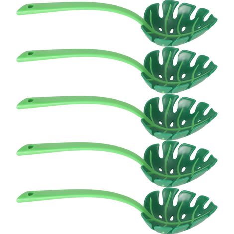 5pcs Cuillère à fente Feuille Verte Long Manche Sécurisée Service Cuisson Mélanger Légumes Salades (1/5)