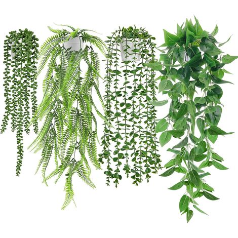 Lot de 6 Plantes artificielles à suspendre, Eucalyptus, Fougère, Pothos, Chaîne de perles, Pots blancs, Décoration intérieure extérieure