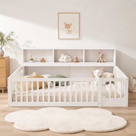DESMIU Lit banquette 140 × 200 cm 1 place avec rangements latéraux, barrière de sécurité, sans matelas, en pin et MDF, blanc (1/5)