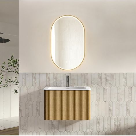 Mueble de baño suspendido 61 cm con lavabo y espejo LED 50x80 cm roble OKWISH (1/5)