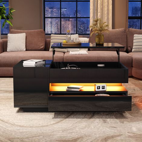 Table basse noire relevable 95x50x40 cm,avec 1 tiroir,1 placard,LED et rangement semi-ouvert. Haute brillance pour le salon.