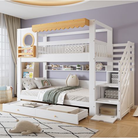 Cama litera infantil moderna de madera maciza+MDF blanco/natural 90x200 cm con escalera almacenaje, estantes y 2 cajones (1/5)
