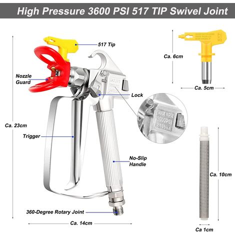 Airless Pistolet Peinture Haute Pression Pulvérisateur Airless 3600 PSI avec Buse Siège 517 et 6 Supplémentaire Filtre pour Système de Peinture pulvérisation