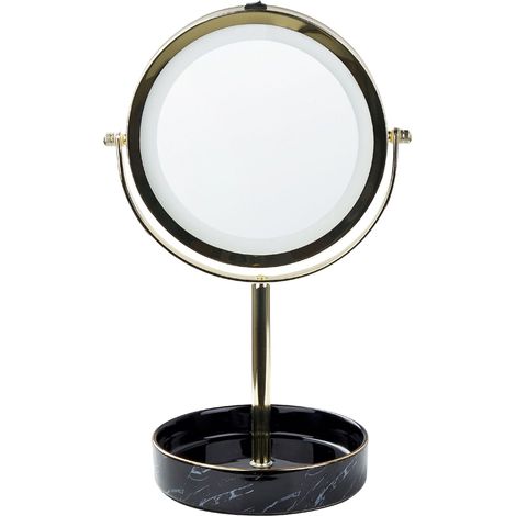 Miroir de Table Doré et Noir en Métal ø 20 cm à LED Maquillage Double Face Savoie (1/5)