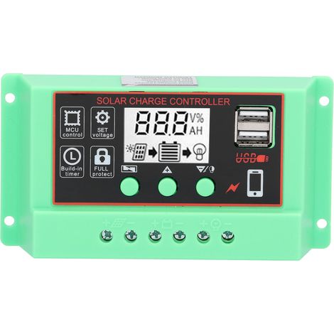 12V/24V Solarregler mit LCD-Bildschirm, USB-Anschluss und Überlastschutz – Grünes Gehäuse (1/5)