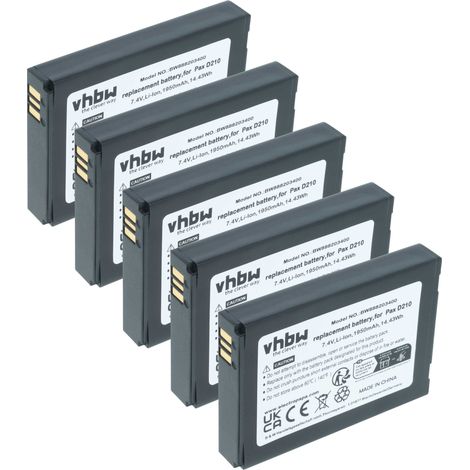 vhbw 5x Batterie compatible avec Pax D210, D210 BlueTooth, D210 GPRS, myPOS D210 Wifi scanner de code-barre POS (1750mAh, 7,4V, Li-ion)