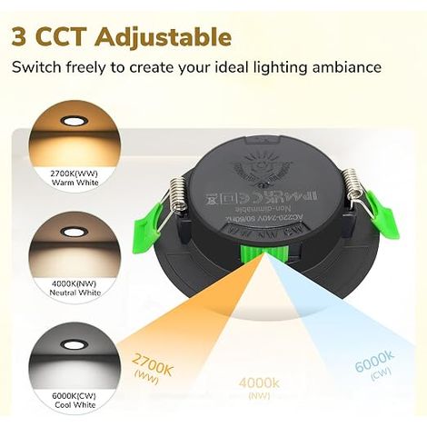 Pack de spots LED encastrables 230 V 6 W, diamètre de découpe 55-68 mm, 3CCT 2700K/4000K/6000K, ultra plats 25 mm IP44, spots de plafond LED pour salle de bain, cuisine, salon, noir (1/4)