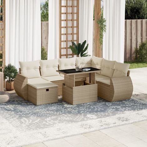 Ensemble salon jardin 8 places résine tressée beige avec table verre trempé et coussins lavables (1/5)