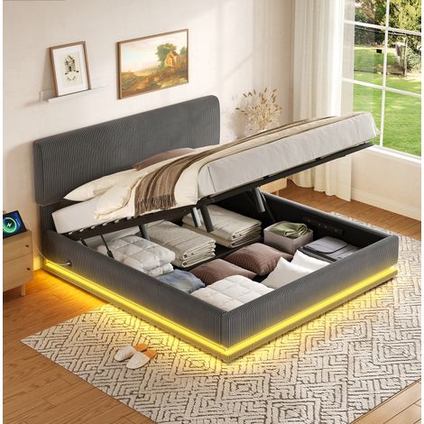 Bett mit Stauraum 160x200 LED Cord Dunkelgrau OKMYHOME (1/5)