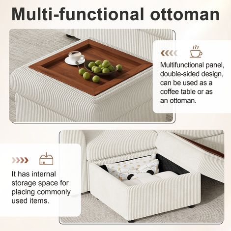Canapé moderne au style contemporain, canapé d'angle en L en velours côtelé avec accoudoirs, 1 pouf multifonction mobile, montage facile, mousse haute densité, beige (B282 × H85 × T153 cm). (1/5)