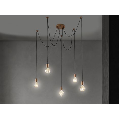 Minimal CORD Spinnenlampe mit Baldachin in Kupfer antik und fünf E27 Fassungen