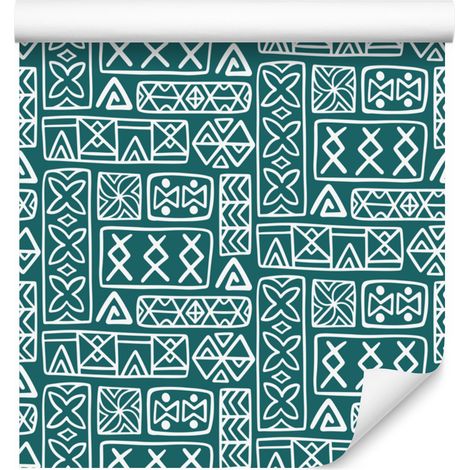 Carta da parati con motivo geometrico polinesiano turchese, 50x1000 cm (1/5)