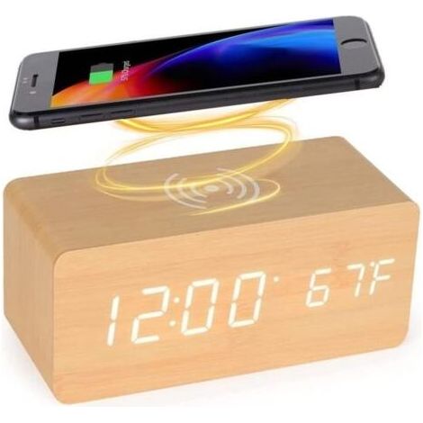 Réveil numérique en bois avec de charge sans fil, chargeur rapide 5 W pour iPhone/Samsung Galaxy (1/4)