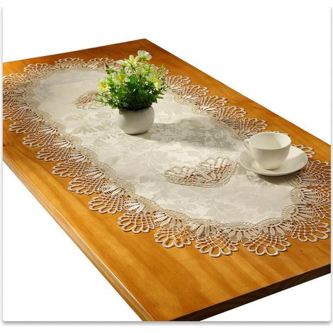 Chemin de table ovale avec dentelle, 60x120cm, Champagne