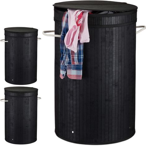 3x Cesto Ropa Sucia con Tapa, Cubo Colada Plegable, Redondo, Bambú, 65 Litros,  Ø 40 cm, Negro