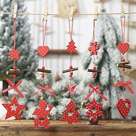 Lot de 5 décorations de sapin de Noël en forme de flocons de neige et d'étoiles, pendentifs en bois. (1/4)